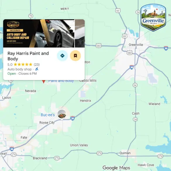 Google Map showing Ray Harris Paint & Body southwest of Greenville, TX, highlighted with a pin and info card near Caddo Mills/Nevada along the US-380/I-30 corridor.