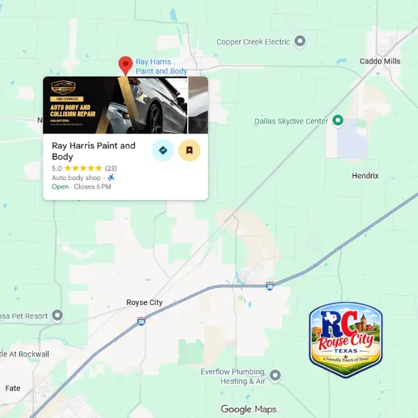 Google Map showing Ray Harris Paint & Body north of Royse City, TX, pinned with business info card near Caddo Mills.