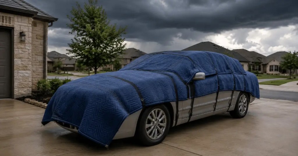 Midsize car covered with padded moving blankets secured in place on a driveway before a hail storm.